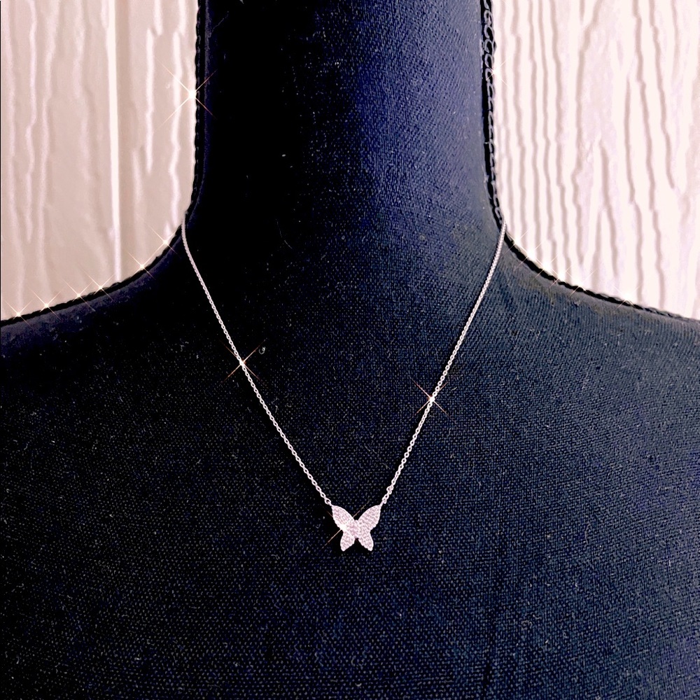 18K White Gold Plated Butterfly Necklace With Zirconia Diamond Accent Pendant